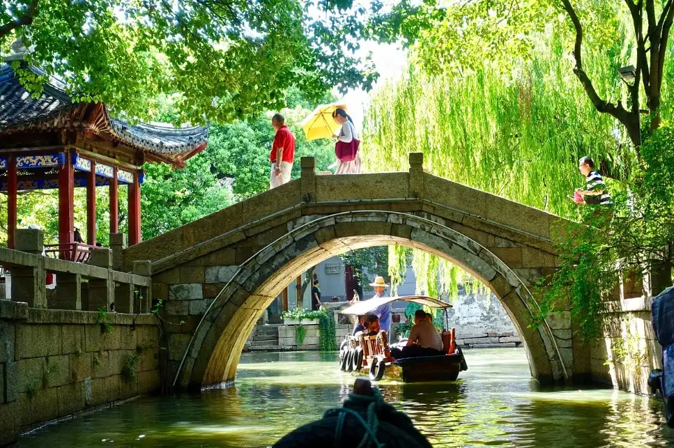 Boat passing under a bridge on a canal in Suzhou