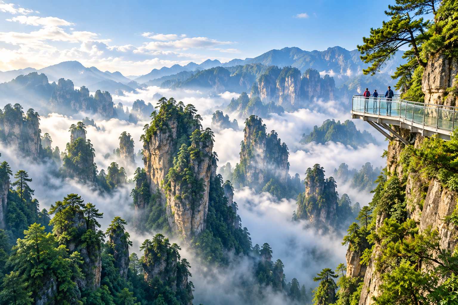 Misty limestone peaks above a river in China