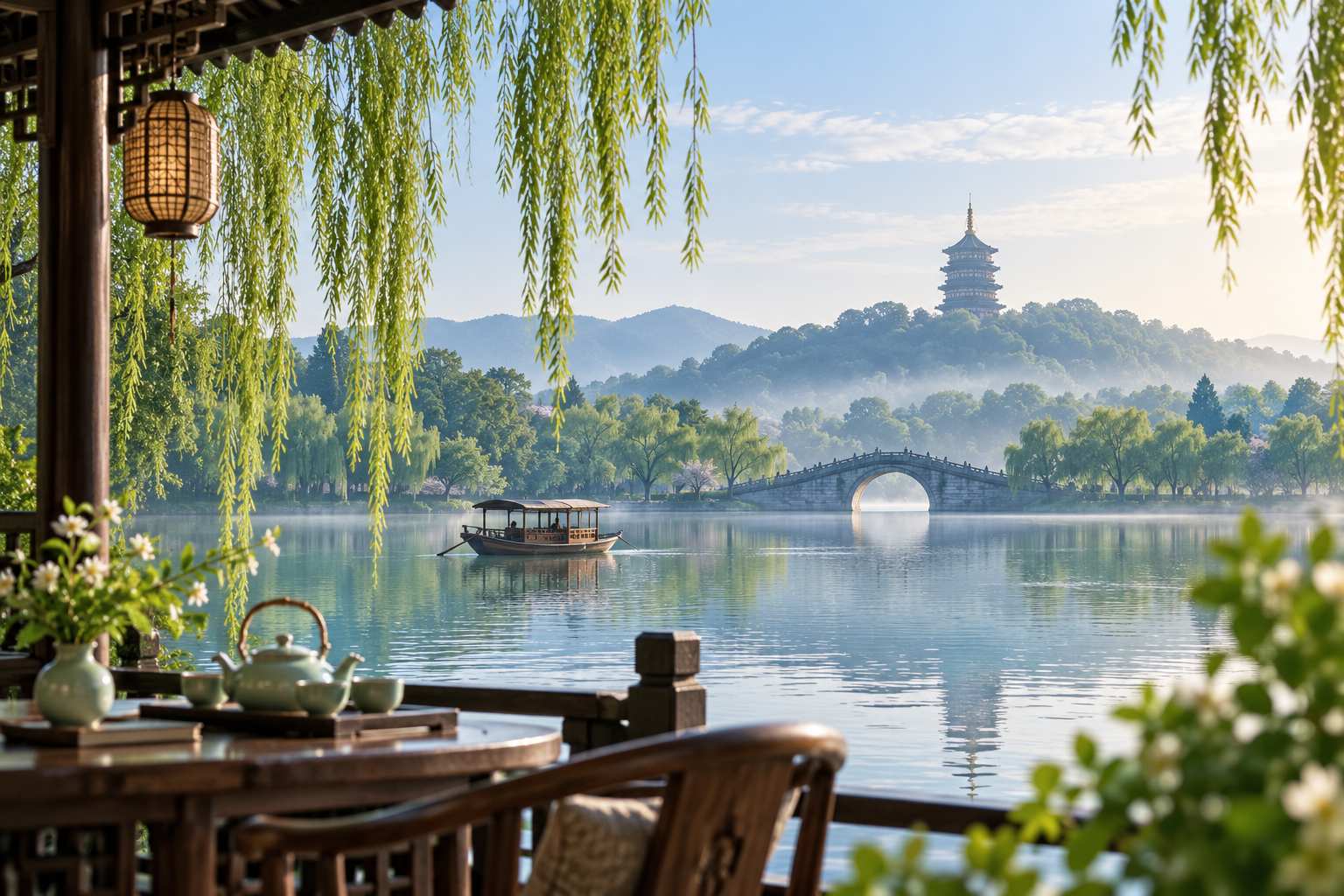 Traditional Chinese garden and waterside scenery