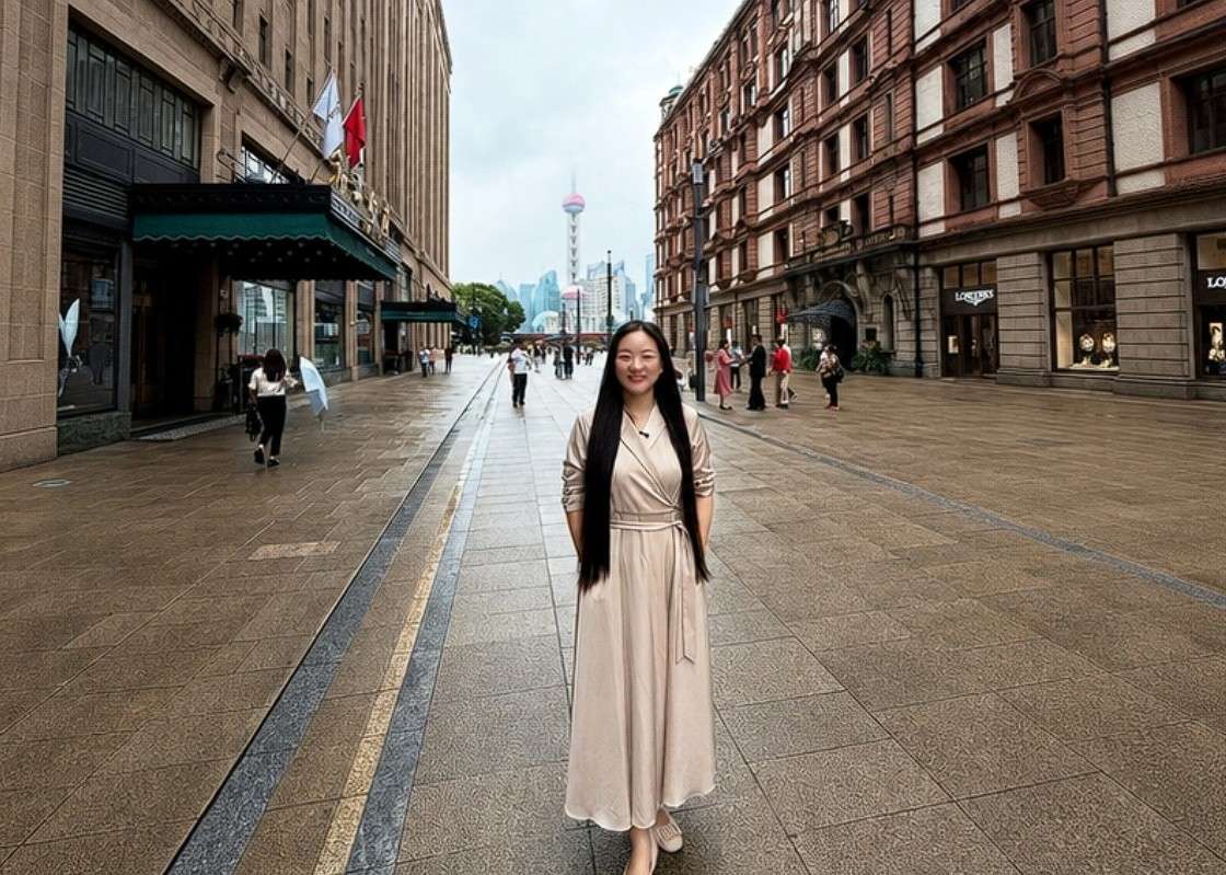 July, a local tour guide, near the Bund in Shanghai