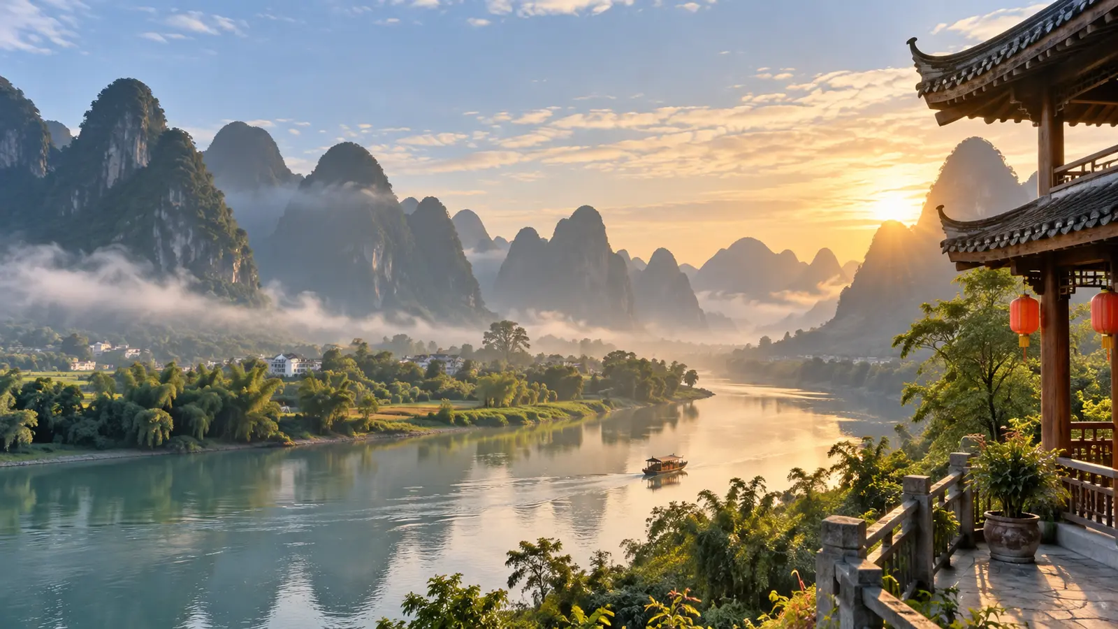 River and limestone mountains in China at sunrise